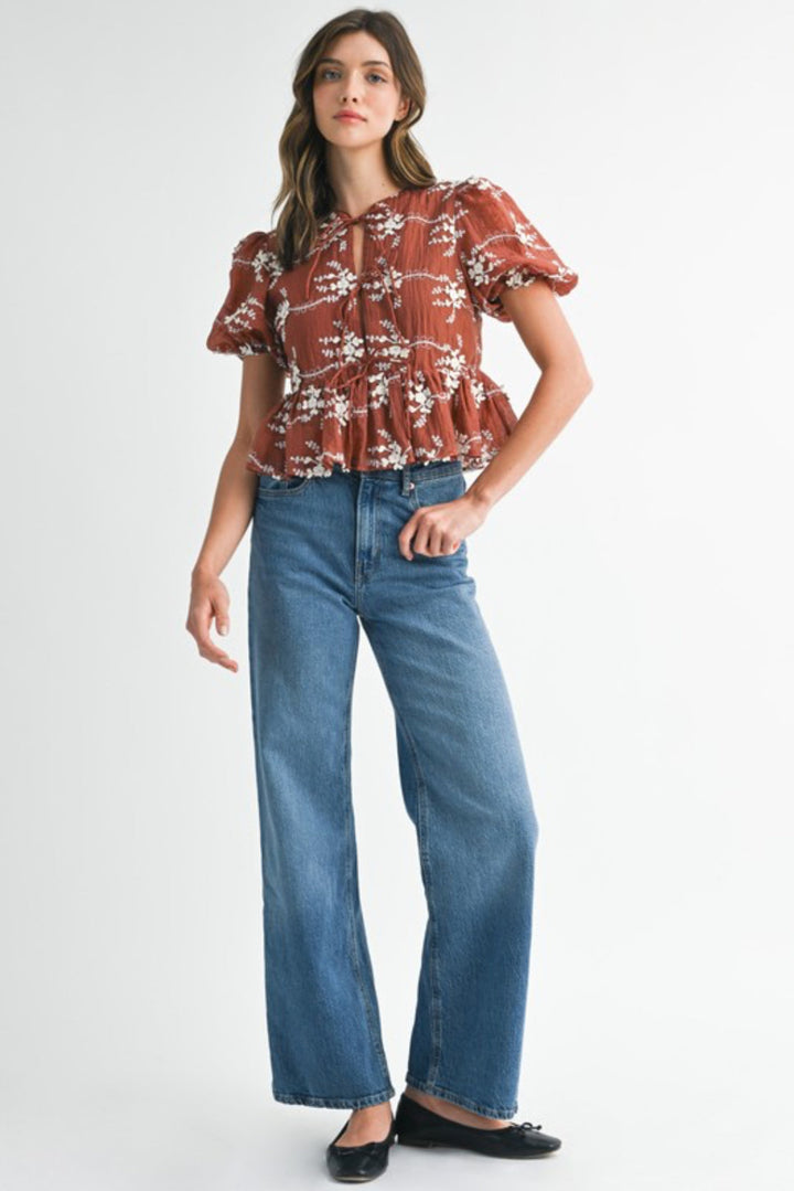 Embroidered Peplum Top
