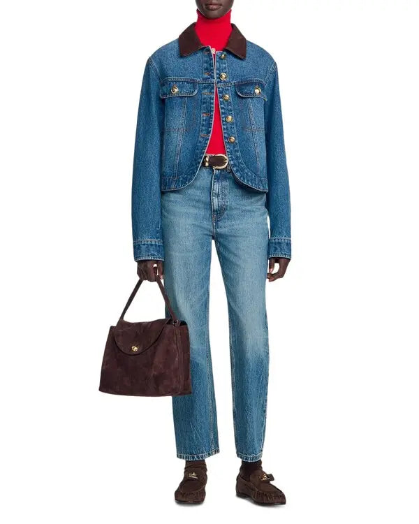 Cassidie Leather Collar Denim Top