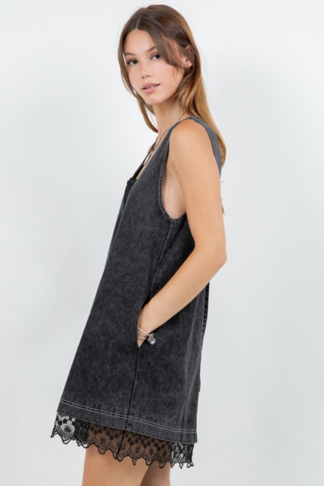 Cobian Denim Washed Lace Insert Shift Dress