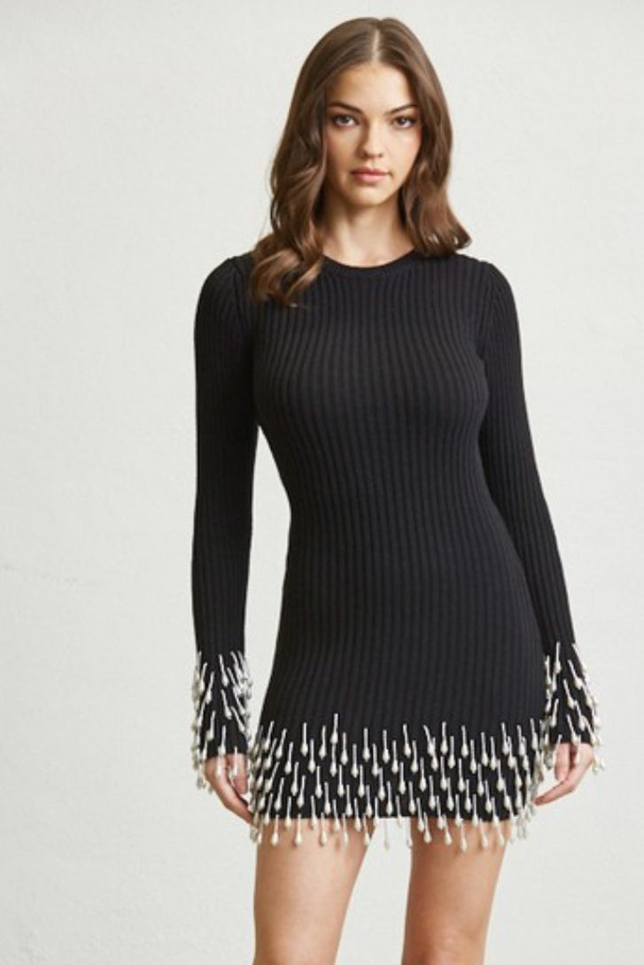 Pearl Beaded Ribbed Knit Dress