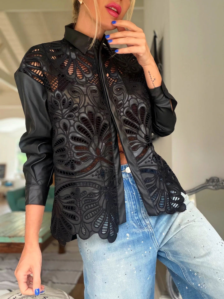 Jolene Cutout Leather Button Down Top