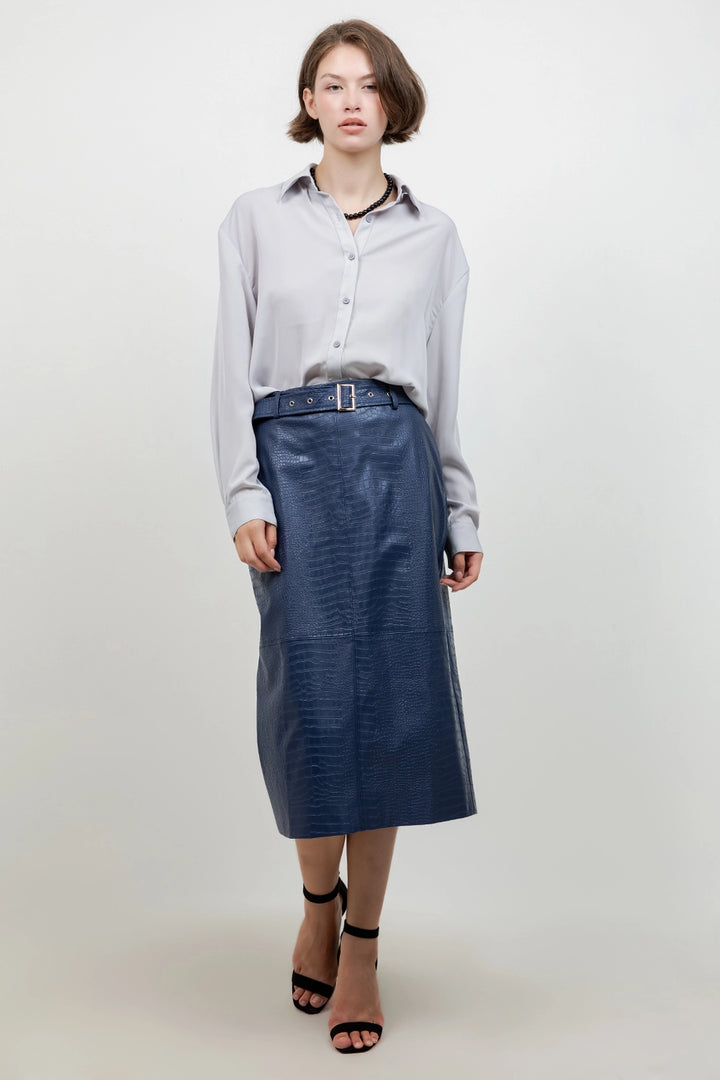 Croc Embossed Faux Leather Midi Skirt