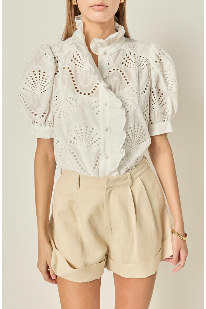 Petaluma Embroidered Ruffle Neck Top