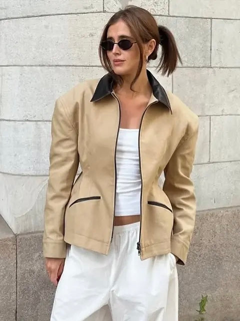 Faux Leather Contrast Collar Top