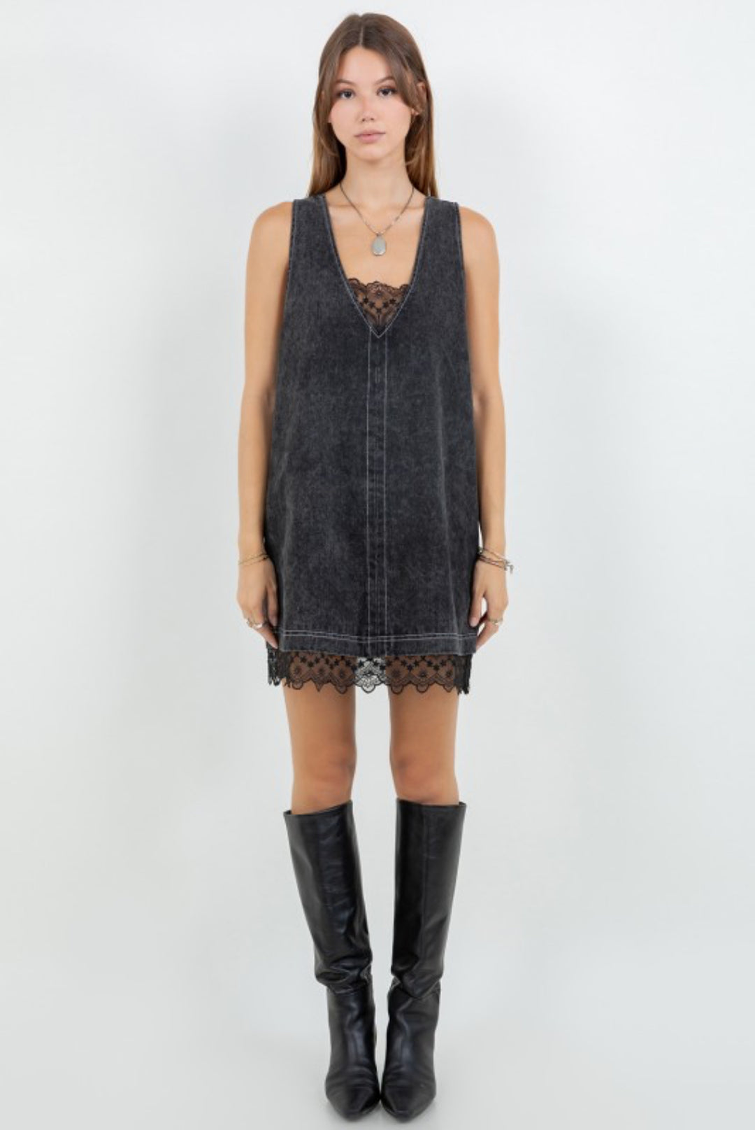 Cobian Denim Washed Lace Insert Shift Dress