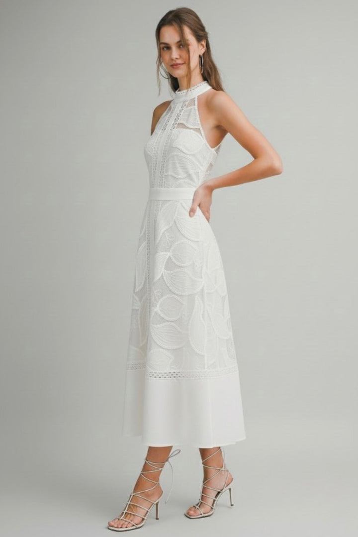 Sculpted High Neck Lace Midi Dress