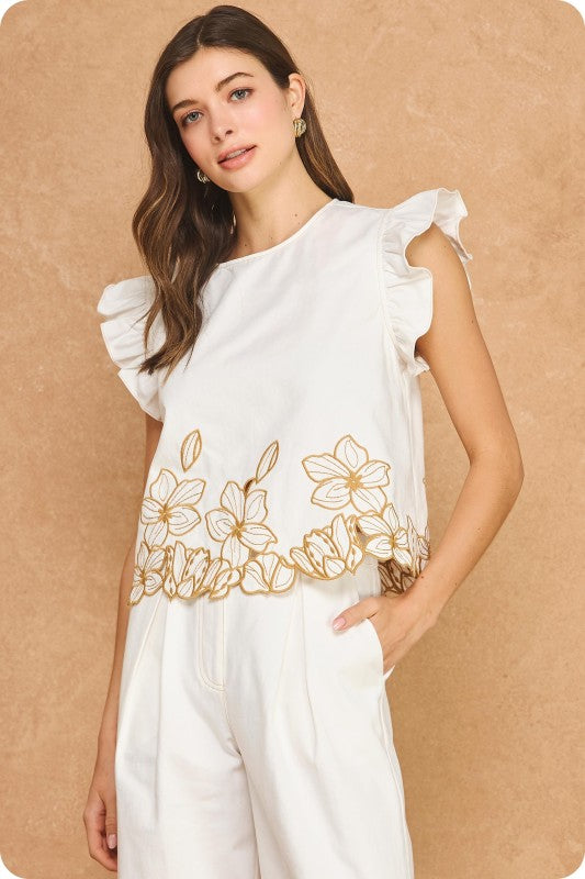 Whimsy Embroidered Twill Ruffle Top