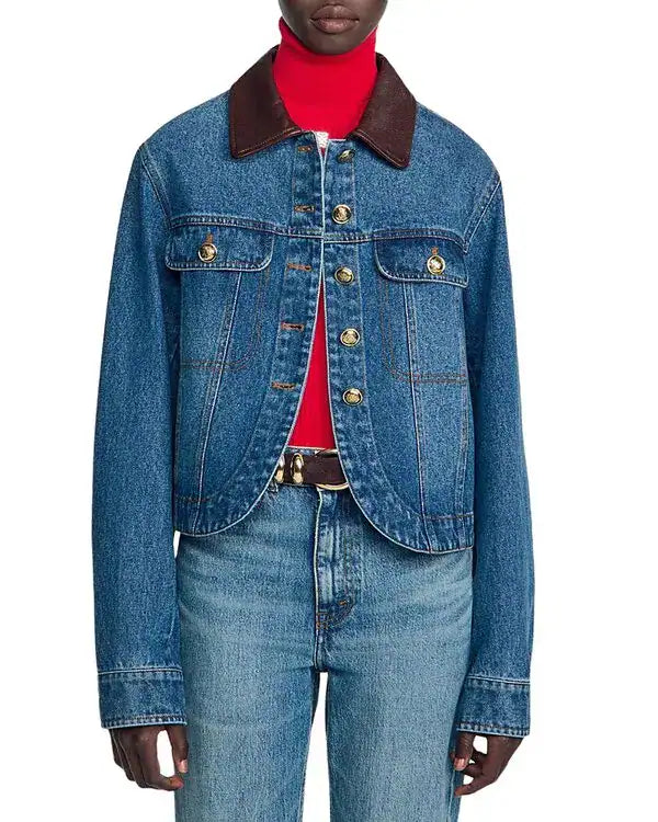 Cassidie Leather Collar Denim Top