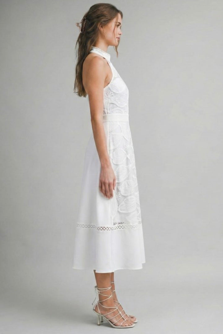 Sculpted High Neck Lace Midi Dress