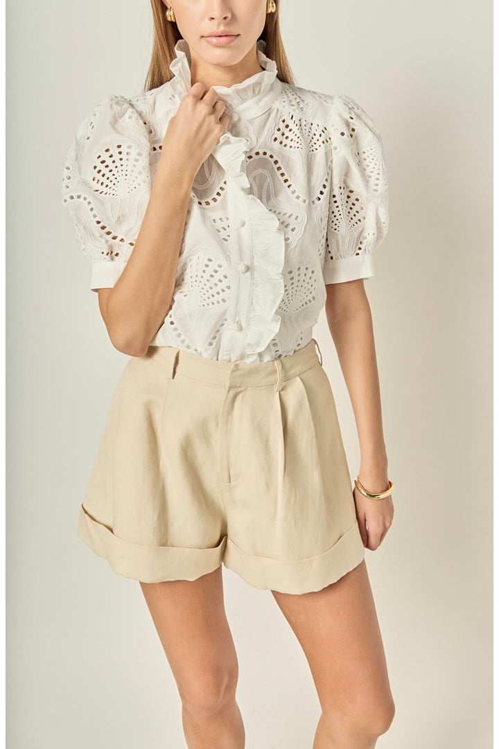 Petaluma Embroidered Ruffle Neck Top
