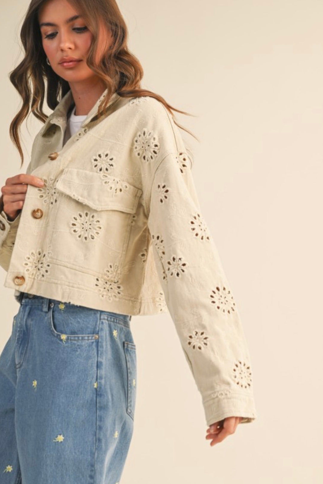 Leslie Eyelet Twill Trucker Jacket