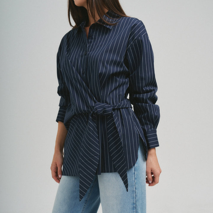 Ashberry Asymmetrical Tie Waist Button Down Top
