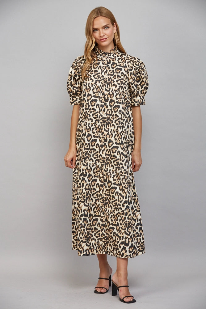 Leo Ruffle High Neckline Midi Dress
