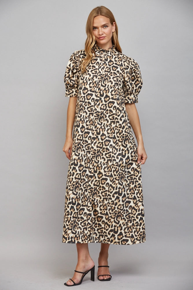 Leo Ruffle High Neckline Midi Dress