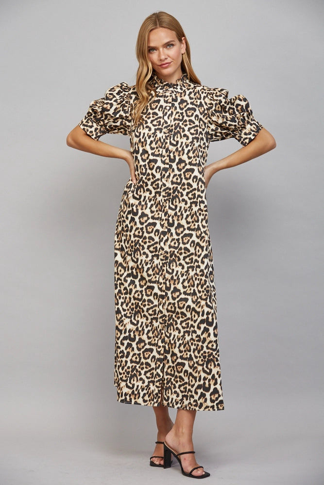 Leo Ruffle High Neckline Midi Dress