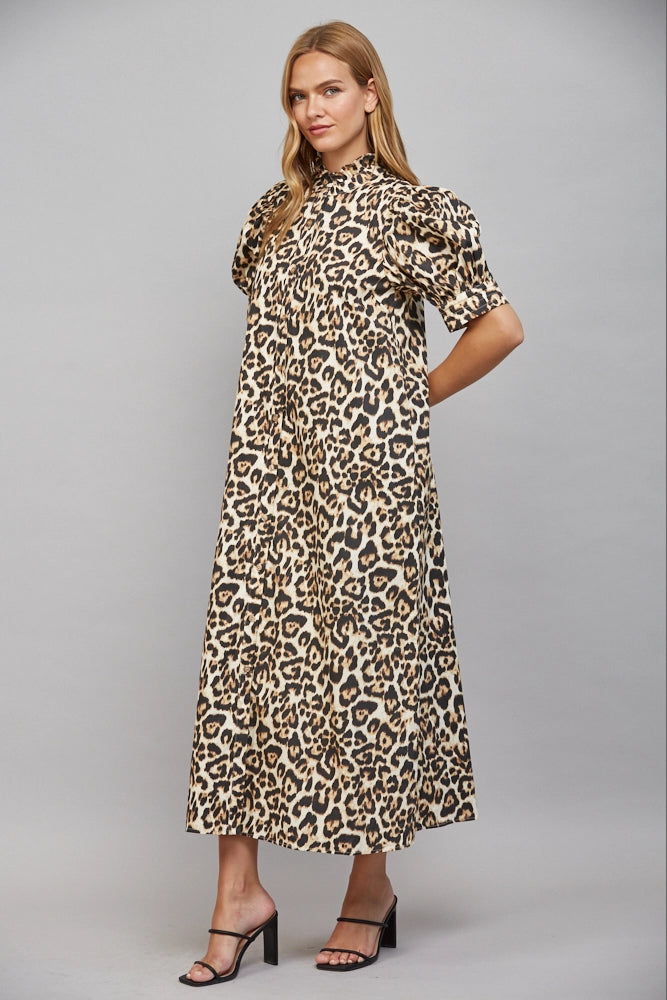 Leo Ruffle High Neckline Midi Dress
