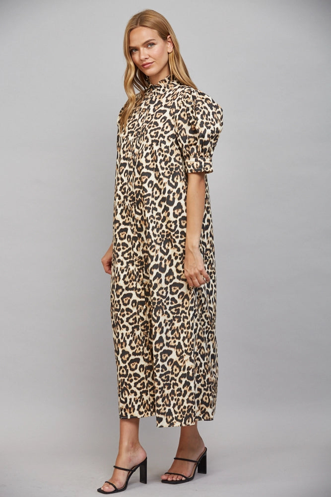Leo Ruffle High Neckline Midi Dress