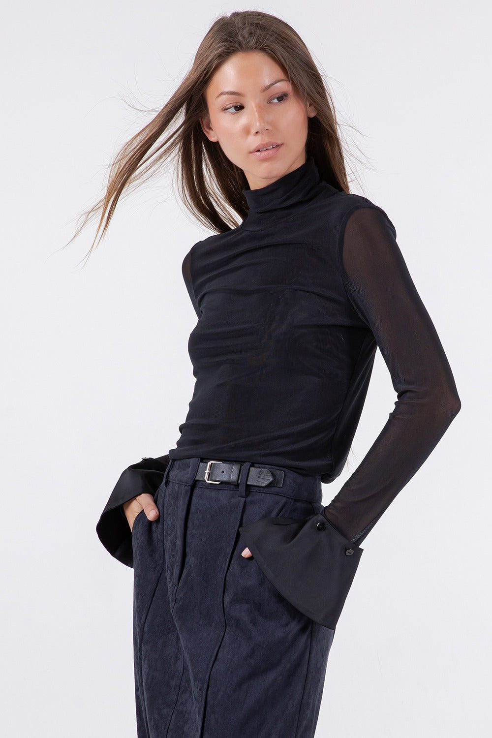 Take Me There Turtleneck Mesh Top With Satin Cuff