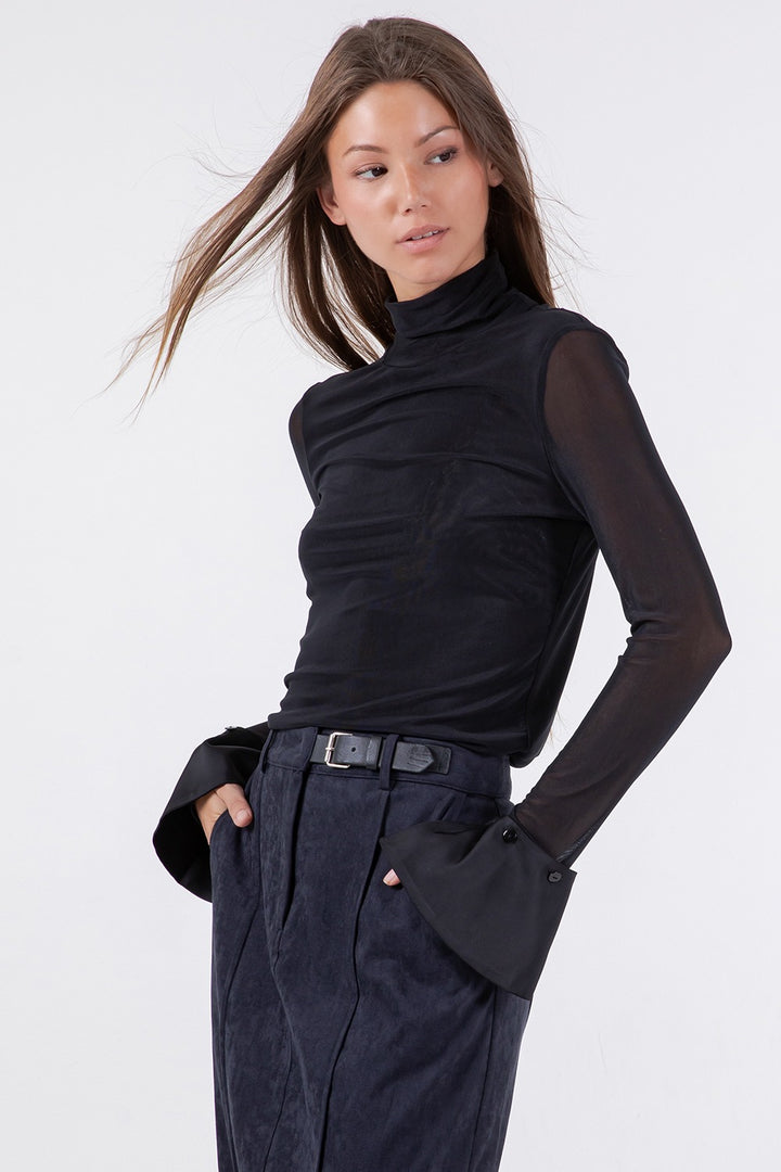 Take Me There Turtleneck Mesh Top With Satin Cuff